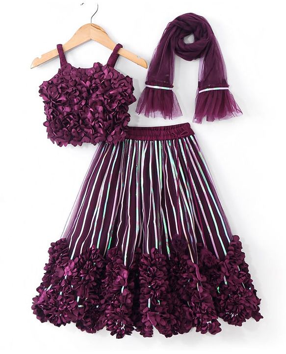 Babyhug Sleeveless Net Flowered Choli & Lehenga with Dupatta - Purple