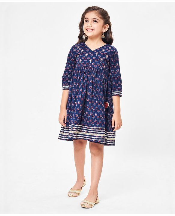 Babyhug Cambric Three Fourth Sleeve Overlap Ethnic Dress Block Printed & Embroidered - Indigo