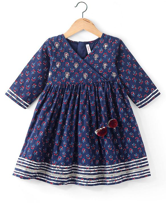 Babyhug Cambric Three Fourth Sleeve Overlap Ethnic Dress Block Printed & Embroidered - Indigo