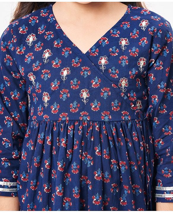 Babyhug Cambric Three Fourth Sleeve Overlap Ethnic Dress Block Printed & Embroidered - Indigo