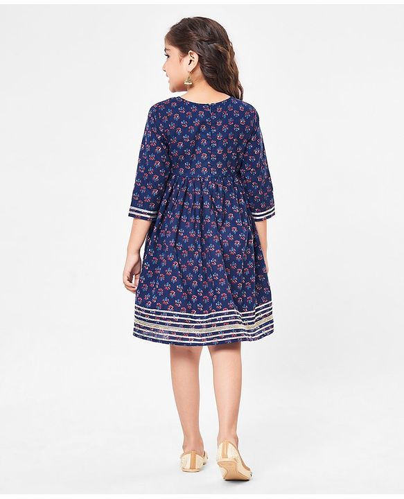 Babyhug Cambric Three Fourth Sleeve Overlap Ethnic Dress Block Printed & Embroidered - Indigo