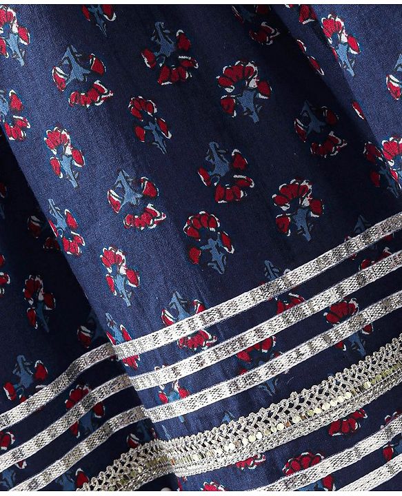 Babyhug Cambric Three Fourth Sleeve Overlap Ethnic Dress Block Printed & Embroidered - Indigo
