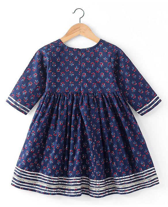Babyhug Cambric Three Fourth Sleeve Overlap Ethnic Dress Block Printed & Embroidered - Indigo