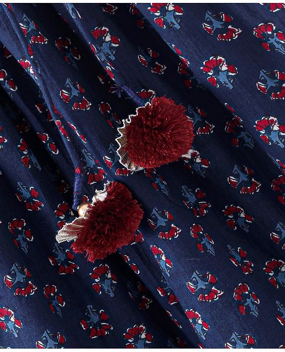 Babyhug Cambric Three Fourth Sleeve Overlap Ethnic Dress Block Printed & Embroidered - Indigo