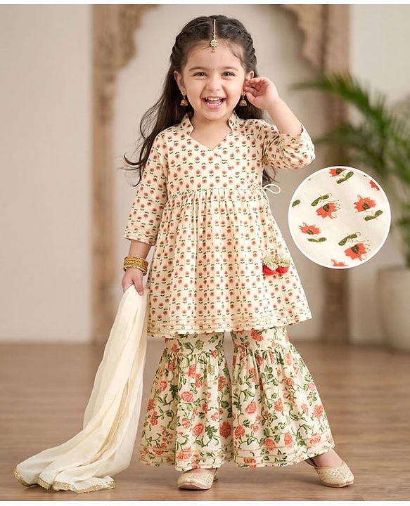 Babyhug Cotton Woven Three Fourth Sleeves Floral Printed Kurti Gharara Set with Dupatta & Lace Detailing - Off White