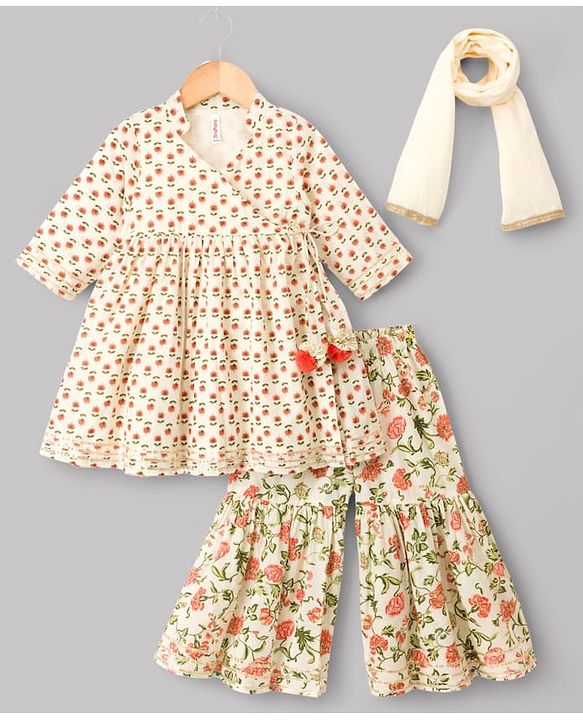 Babyhug Cotton Woven Three Fourth Sleeves Floral Printed Kurti Gharara Set with Dupatta & Lace Detailing - Off White