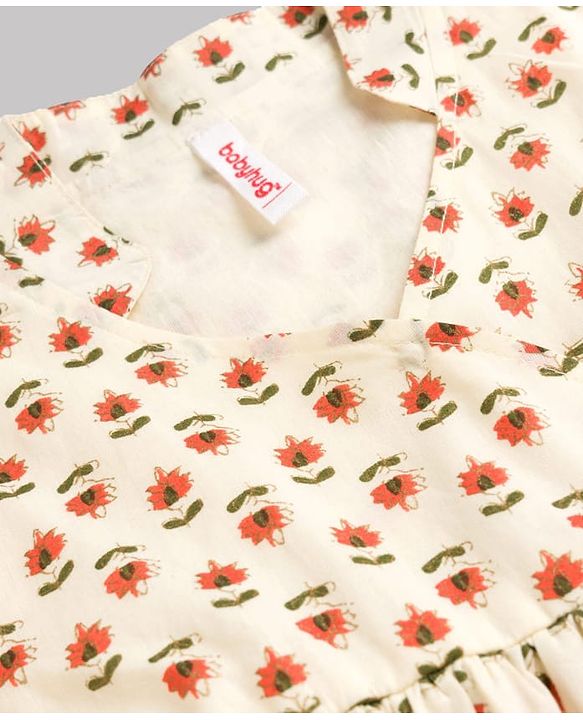 Babyhug Cotton Woven Three Fourth Sleeves Floral Printed Kurti Gharara Set with Dupatta & Lace Detailing - Off White