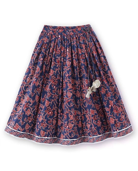 Babyhug 100% Cotton Woven Short Sleeves with Floral Print Lehenga Choli With Mirror Embroidery and Dupatta Set- Navy Blue