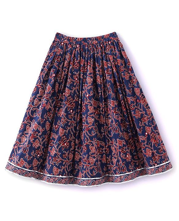 Babyhug 100% Cotton Woven Short Sleeves with Floral Print Lehenga Choli With Mirror Embroidery and Dupatta Set- Navy Blue