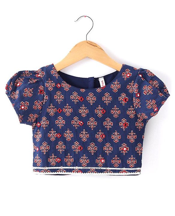 Babyhug 100% Cotton Woven Short Sleeves with Floral Print Lehenga Choli With Mirror Embroidery and Dupatta Set- Navy Blue