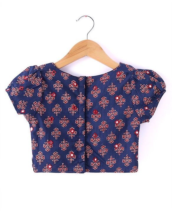 Babyhug 100% Cotton Woven Short Sleeves with Floral Print Lehenga Choli With Mirror Embroidery and Dupatta Set- Navy Blue