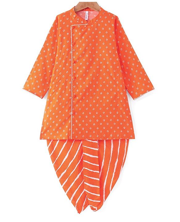 Babyhug Cotton Woven Full Sleeves   Side Placket Kurta Dhoti Set Bandhani Print -Orange