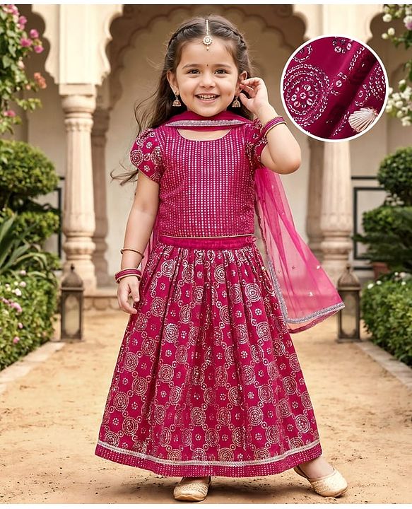 Babyhug Short Sleeves Sequence & Embroidered Lehenga Choli with Dupatta Set - Pink