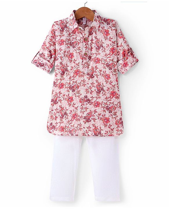 Babyhug Cotton Flex Full Sleeves Pathani Kurta With Pyjama Set Floral Print - Off White