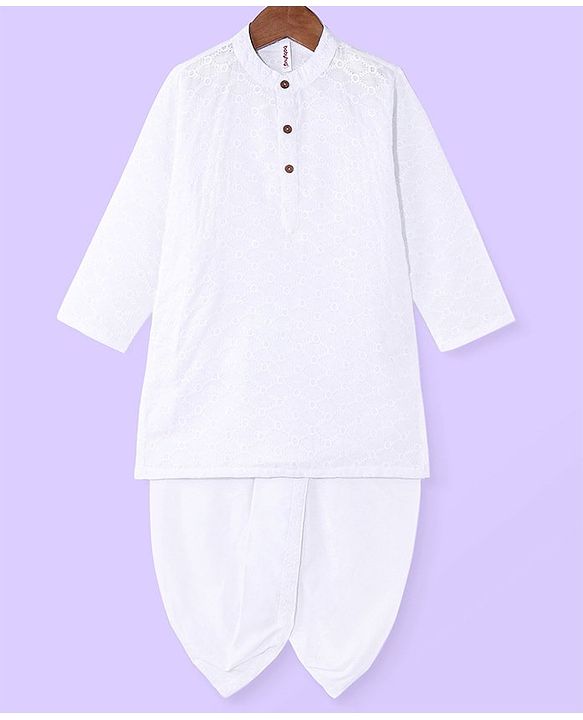 Babyhug Cotton Schiffly Full Sleeves Kurta Dhoti Set - White