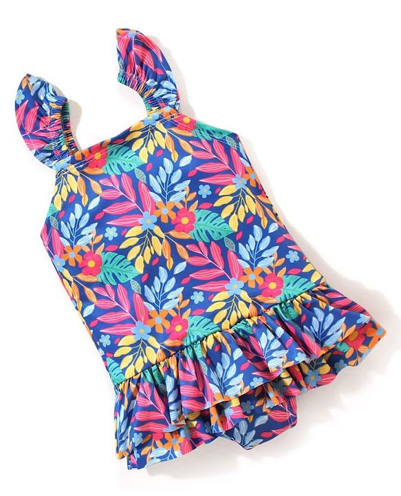 Babyhug Flutter  Sleeves Frock Swimsuit Floral Print - Navy Blue