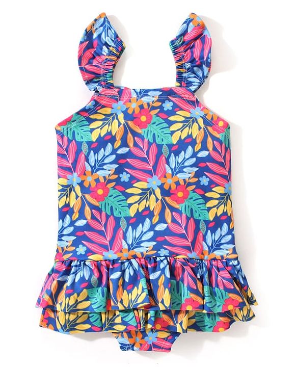 Babyhug Flutter  Sleeves Frock Swimsuit Floral Print - Navy Blue