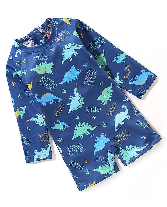 Babyhug Full Sleeves Legged Swimsuit Dino Print -  Blue