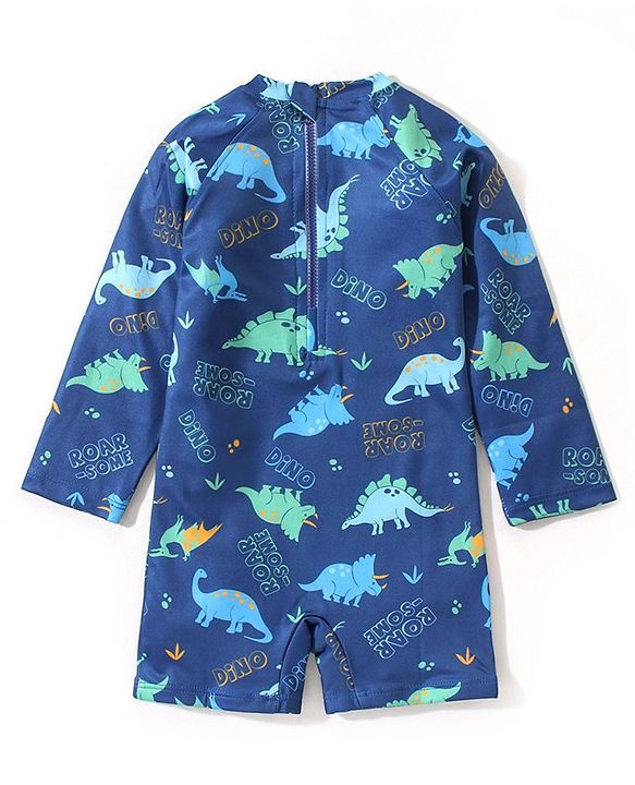 Babyhug Full Sleeves Legged Swimsuit Dino Print -  Blue