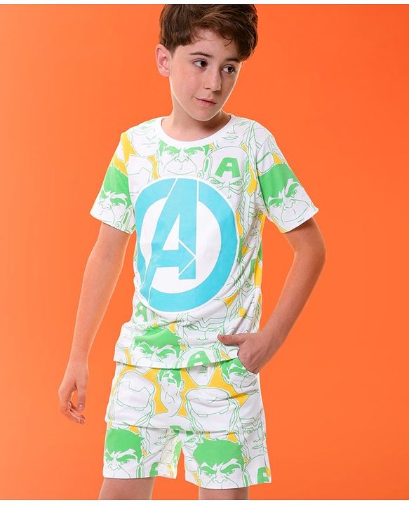 Pine Kids Marvel Cotton Knit Half Sleeves T-Shirt & Shorts Set With The Avengers Graphics - Green