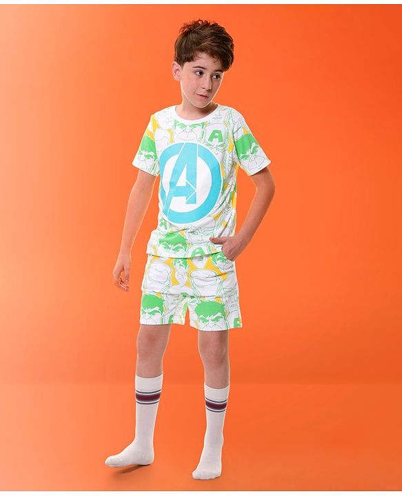 Pine Kids Marvel Cotton Knit Half Sleeves T-Shirt & Shorts Set With The Avengers Graphics - Green
