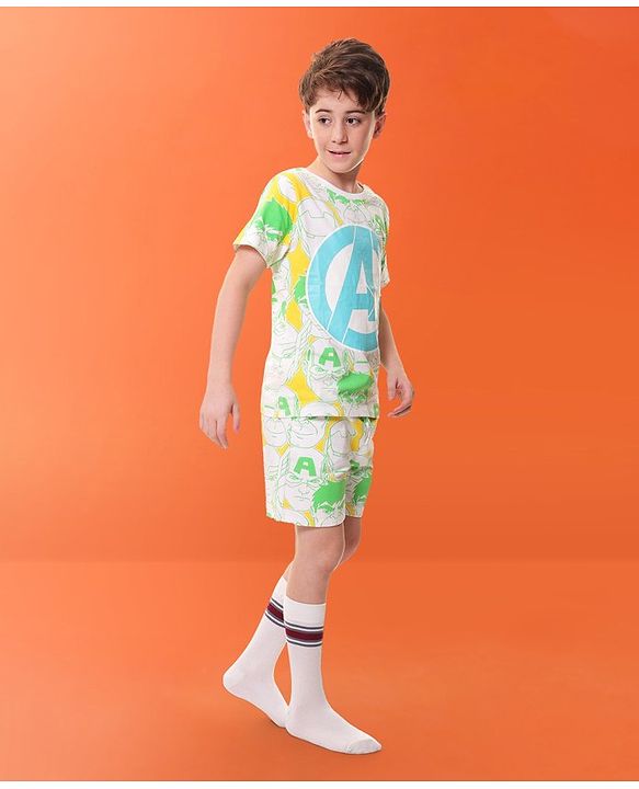 Pine Kids Marvel Cotton Knit Half Sleeves T-Shirt & Shorts Set With The Avengers Graphics - Green