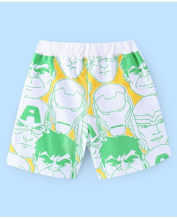 Pine Kids Marvel Cotton Knit Half Sleeves T-Shirt & Shorts Set With The Avengers Graphics - Green