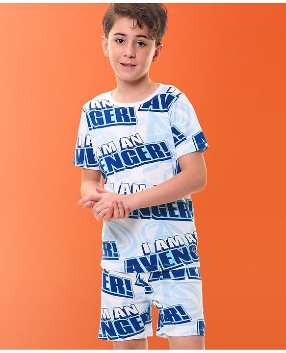 Pine Kids Marvel Cotton Knit Half Sleeves T-Shirt & Shorts Set With The Avengers Print - Blue