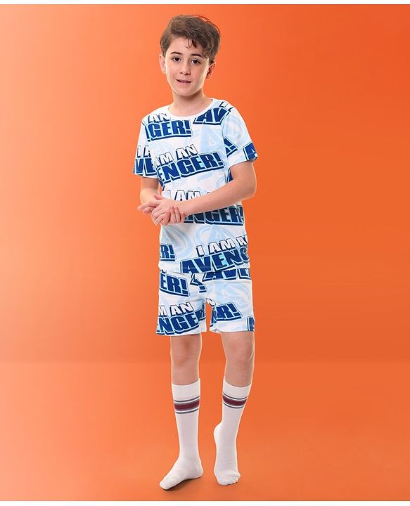 Pine Kids Marvel Cotton Knit Half Sleeves T-Shirt & Shorts Set With The Avengers Print - Blue