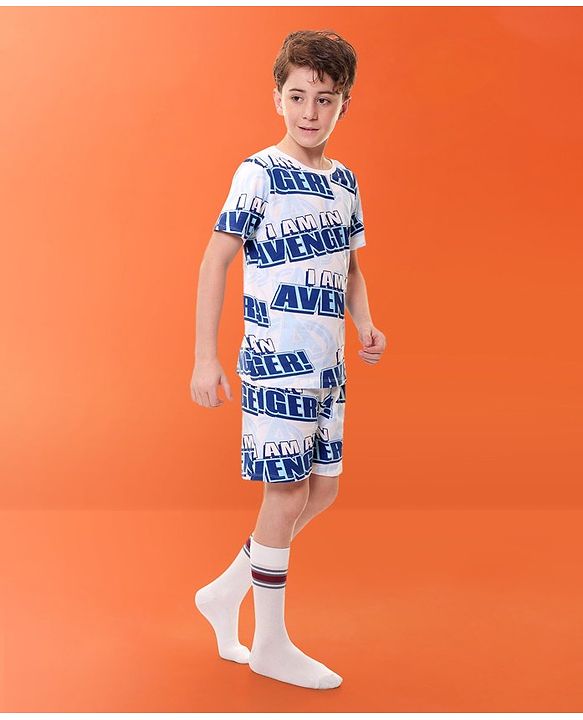 Pine Kids Marvel Cotton Knit Half Sleeves T-Shirt & Shorts Set With The Avengers Print - Blue