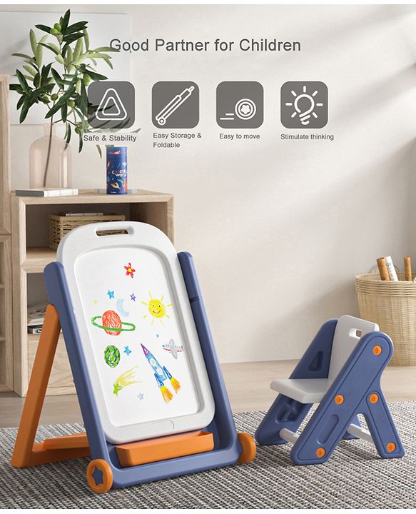 Multifunctional Block Drawing Table  Multicolor| Foldable Easel Board| Anti-glare Nanometer Coating| Comfortable Chair| With Wheels & Storage| Adjustable Height| Easy to Wipe