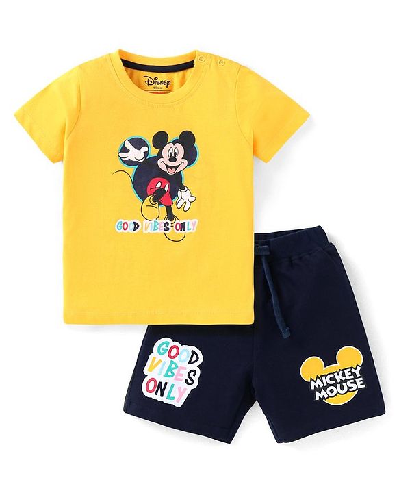 Babyhug Disney Cotton Knit Half Sleeves T-Shirt & Shorts Set With Mickey Mouse Graphics - Yellow