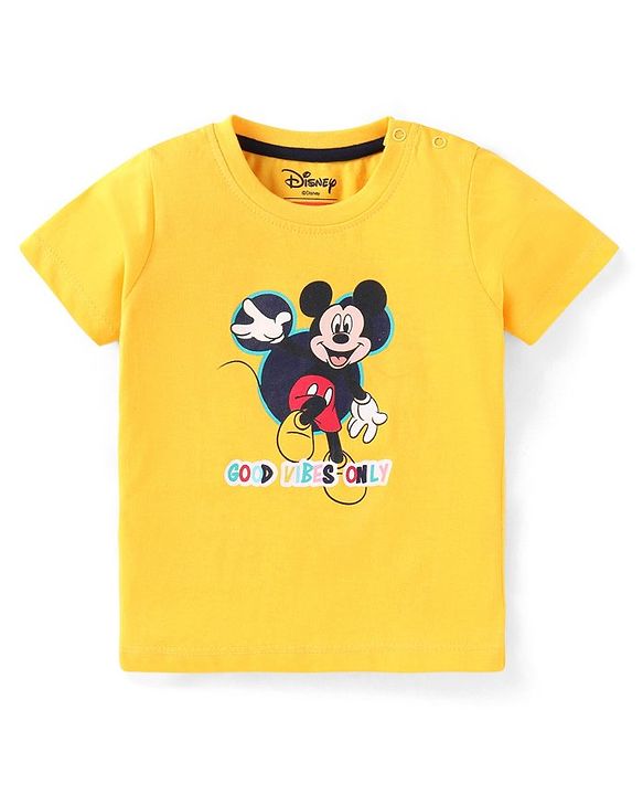 Babyhug Disney Cotton Knit Half Sleeves T-Shirt & Shorts Set With Mickey Mouse Graphics - Yellow