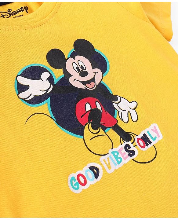 Babyhug Disney Cotton Knit Half Sleeves T-Shirt & Shorts Set With Mickey Mouse Graphics - Yellow
