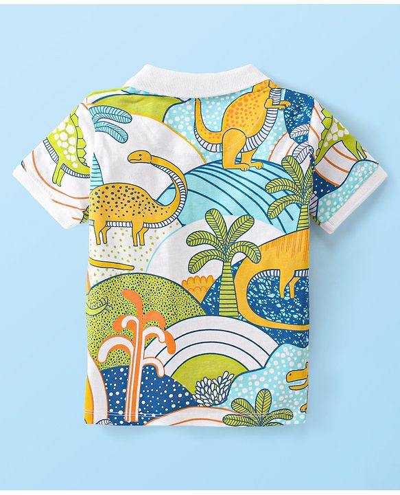 Babyhug Cotton Knit Half Sleeves Polo T-Shirt Dino Print - White