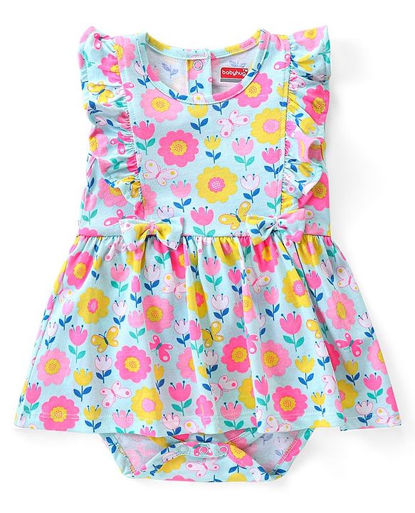 Babyhug 100% Cotton Knit Sleeveless Frock Style Onesie with Floral Print - Multicolour
