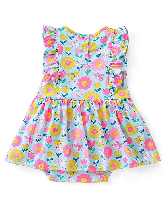 Babyhug 100% Cotton Knit Sleeveless Frock Style Onesie with Floral Print - Multicolour