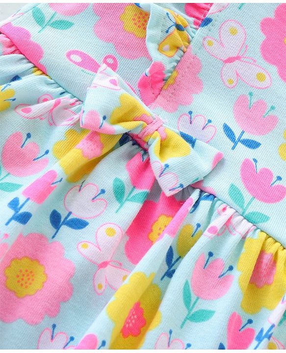 Babyhug 100% Cotton Knit Sleeveless Frock Style Onesie with Floral Print - Multicolour