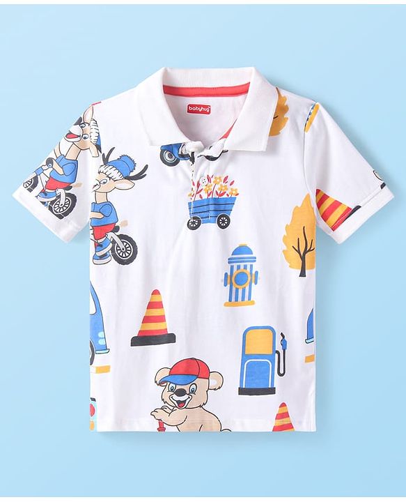 Babyhug 100% Cotton Knit Half Sleeves Polo T-Shirt With Bus Print - White Blue & Yellow