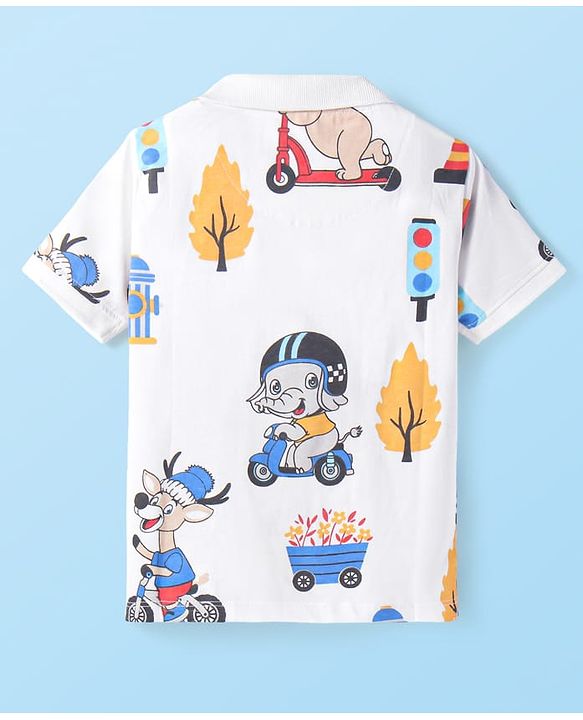 Babyhug 100% Cotton Knit Half Sleeves Polo T-Shirt With Bus Print - White Blue & Yellow
