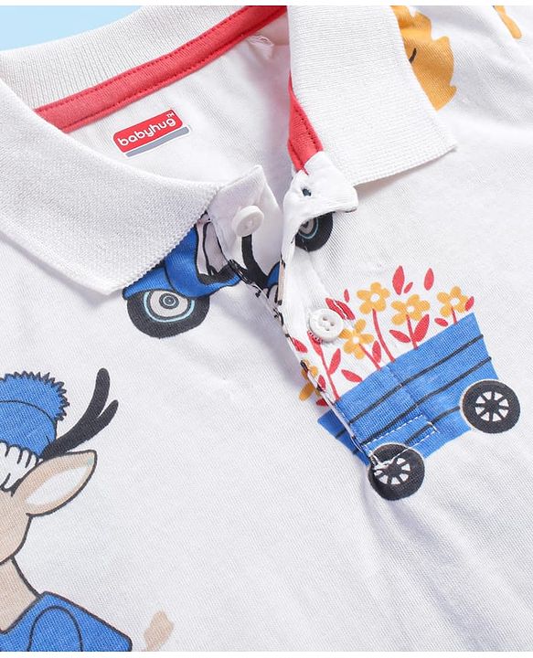 Babyhug 100% Cotton Knit Half Sleeves Polo T-Shirt With Bus Print - White Blue & Yellow