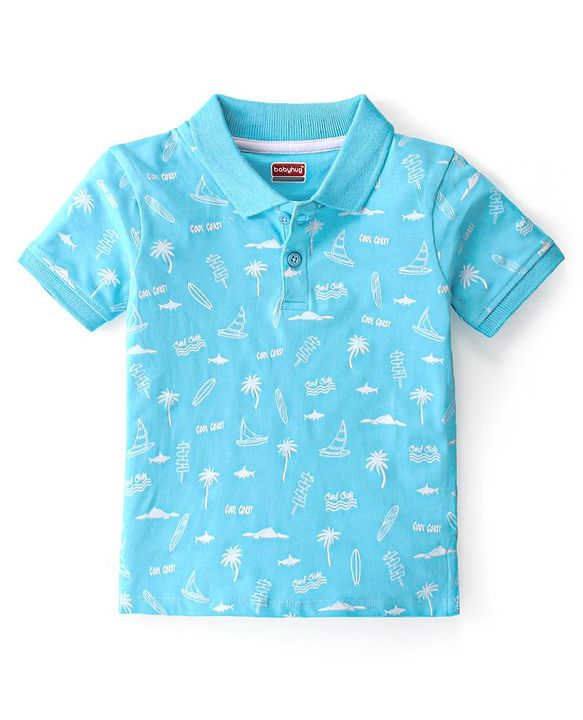 Babyhug 100% Cotton Knit Half Sleeves Polo T-Shirt With Beach Theme Print - Blue
