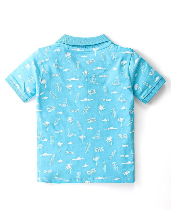 Babyhug 100% Cotton Knit Half Sleeves Polo T-Shirt With Beach Theme Print - Blue