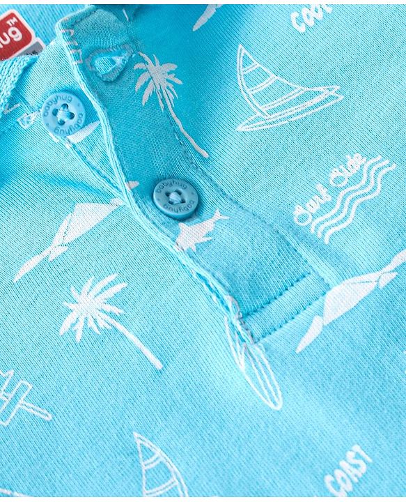 Babyhug 100% Cotton Knit Half Sleeves Polo T-Shirt With Beach Theme Print - Blue