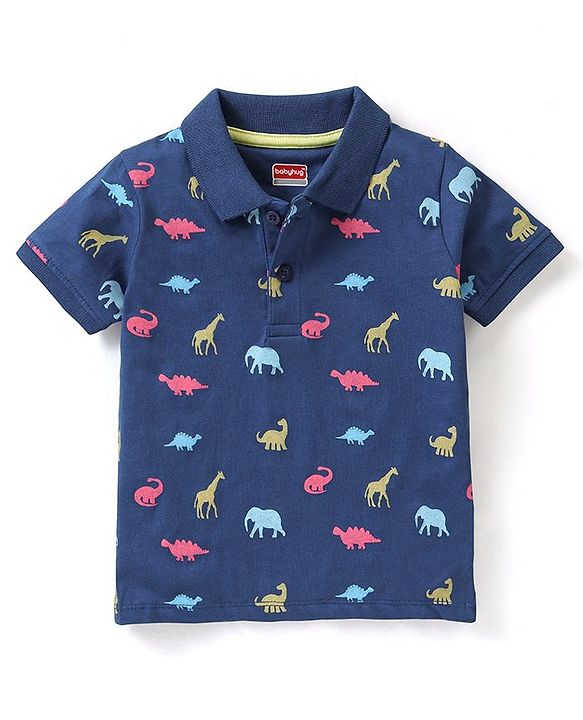 Babyhug Cotton Knit Half Sleeves  Polo T-Shirt with Dino Print - Navy Blue