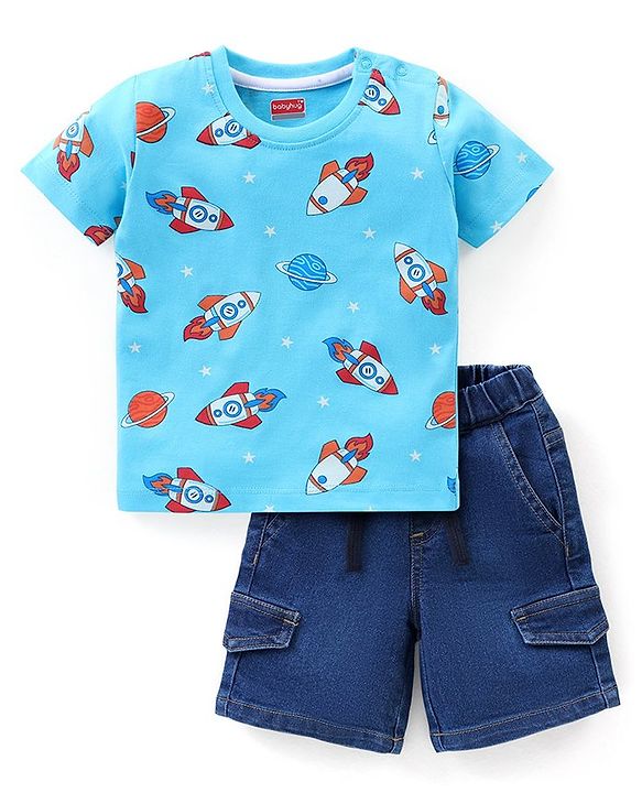 Babyhug Single Jersey Knit Half Sleeves T-Shirt & Denim Shorts Set with Rocket Print - Blue