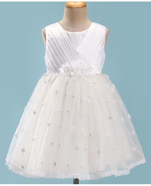 Babyhug Woven Sleeveless Fit and Flare Party Frock with Floral 3D Applique -Off White