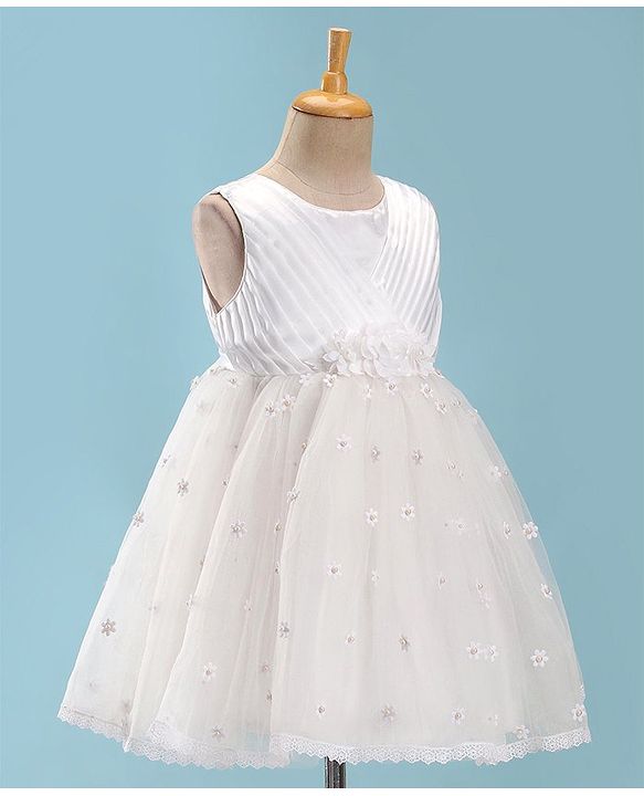 Babyhug Woven Sleeveless Fit and Flare Party Frock with Floral 3D Applique -Off White