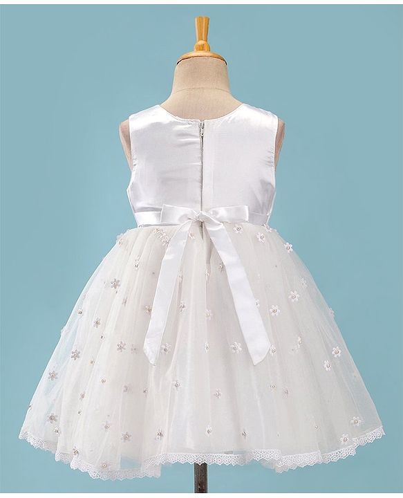 Babyhug Woven Sleeveless Fit and Flare Party Frock with Floral 3D Applique -Off White