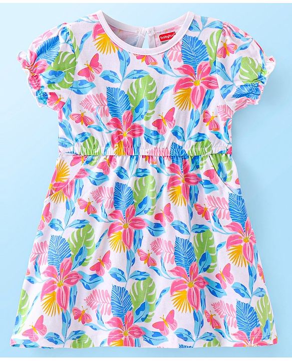 Babyhug Cotton Knit Half Sleeves Frock with Floral Print - Multicolour